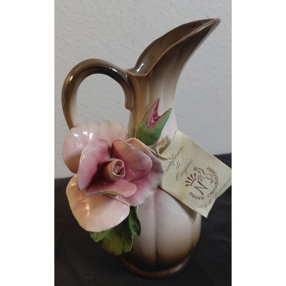 Vintage Nuova Capodimonte Italy Porcelain Pink Rose Pitcher Vase F.lli Savastano
